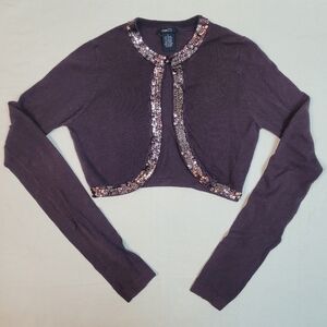 Y2K Rue21 Brown Sequin Trim Cropped Bolero Shrug Cardigan Embellished, Womens SM